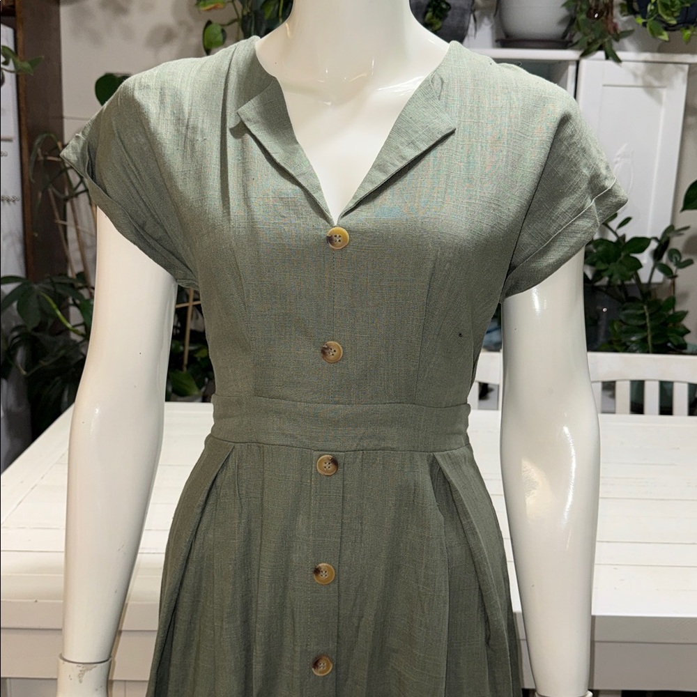 Suzy Shier Olive Asymmetrical Button-Front Dress NWOT XS world war vibes